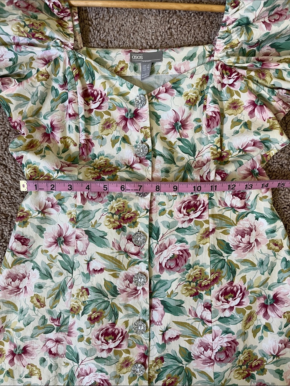ASOS Puff Sleeve Floral Button-Front Midi Dress in Pink, Green & Cream - Picture 7 of 16